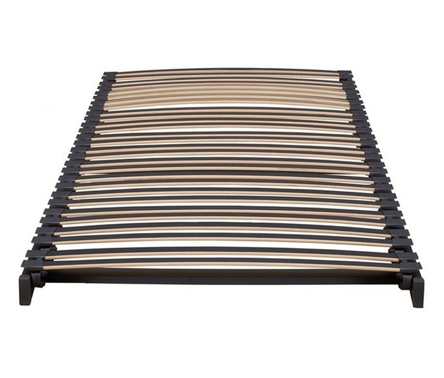 Nahaufnahme eines TEMPUR FORM™ Systemrahmen 500, starr, mit Holzlatten und schwarzem Rahmen.