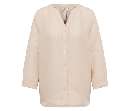 Beige, langärmlige CECIL Bluse mit V-Ausschnitt und durchgehender Knopfleiste.
