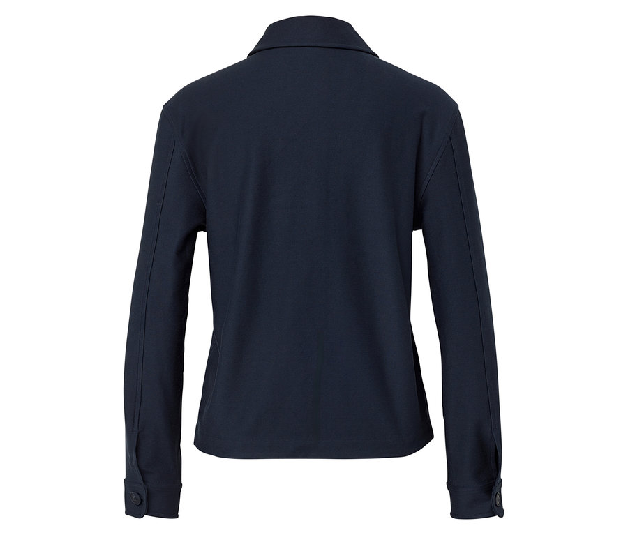 Rückansicht einer marineblauen Jacke mit langen Ärmeln und Knöpfen.