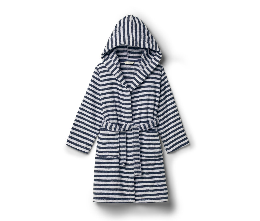 Gestreifter Bademantel mit Kapuze und Bindegürtel.