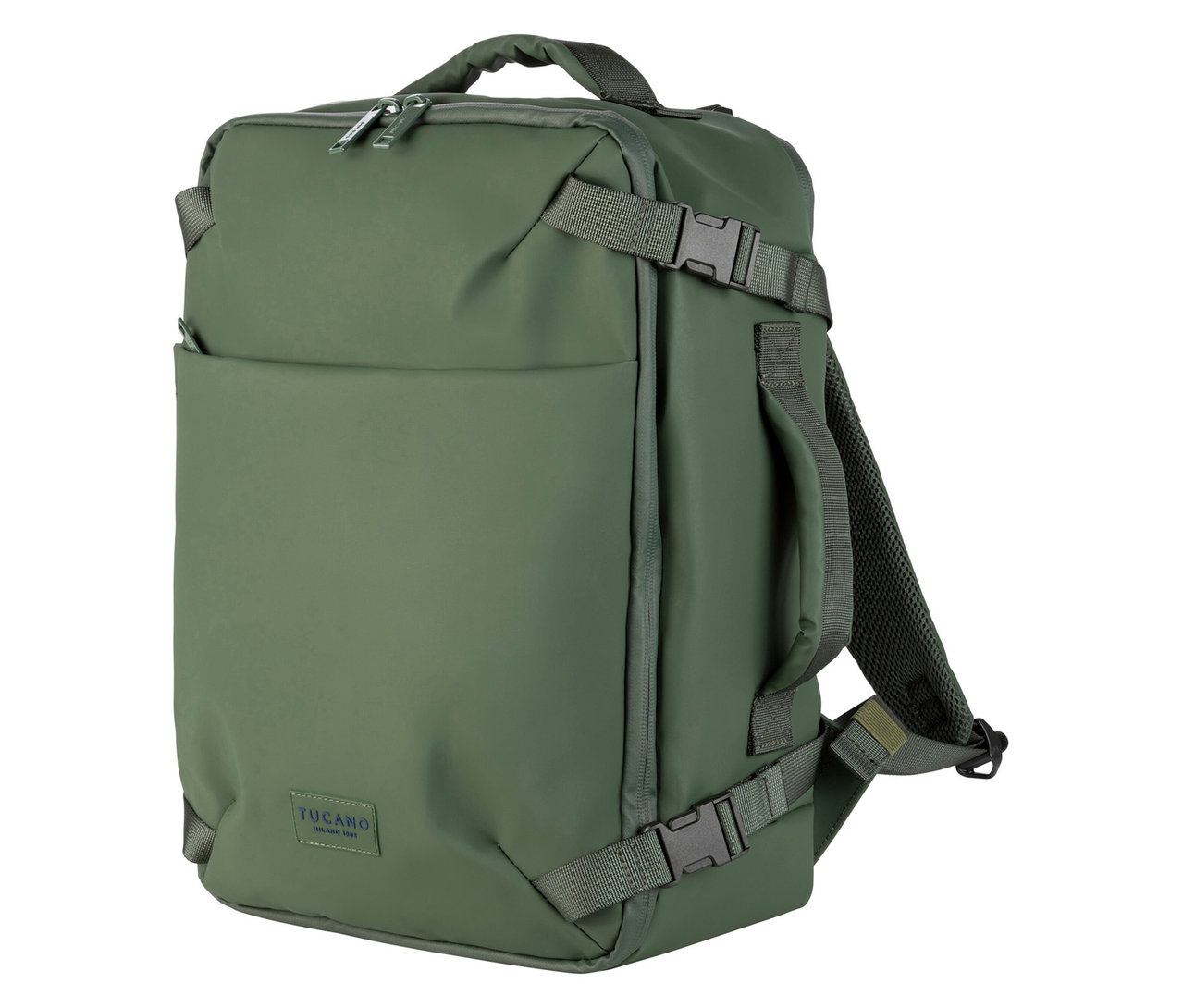 Ein olivgrüner Rucksack mit Tragegriff und Schnallen.