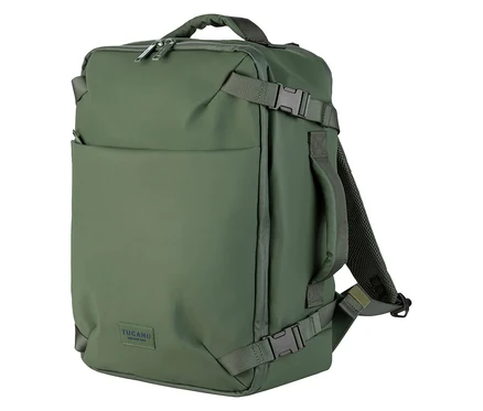 Ein olivgrüner Rucksack mit Tragegriff und Schnallen.