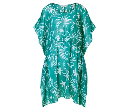 Grünes, gemustertes Kaftan-Kleid mit weißen Blumen.
