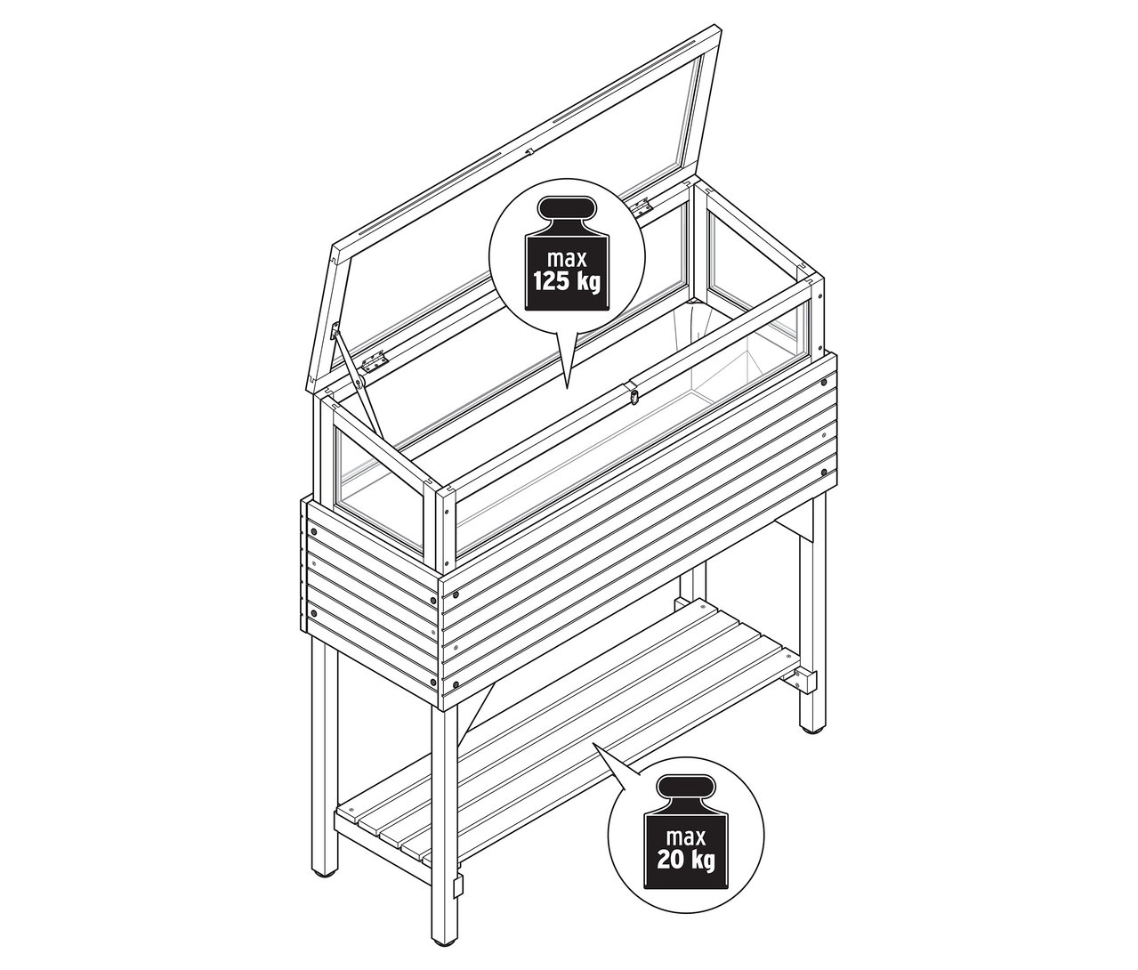 Abbildung eines Hochbeets mit Frühbeetaufsatz in einer schematischen Darstellung.