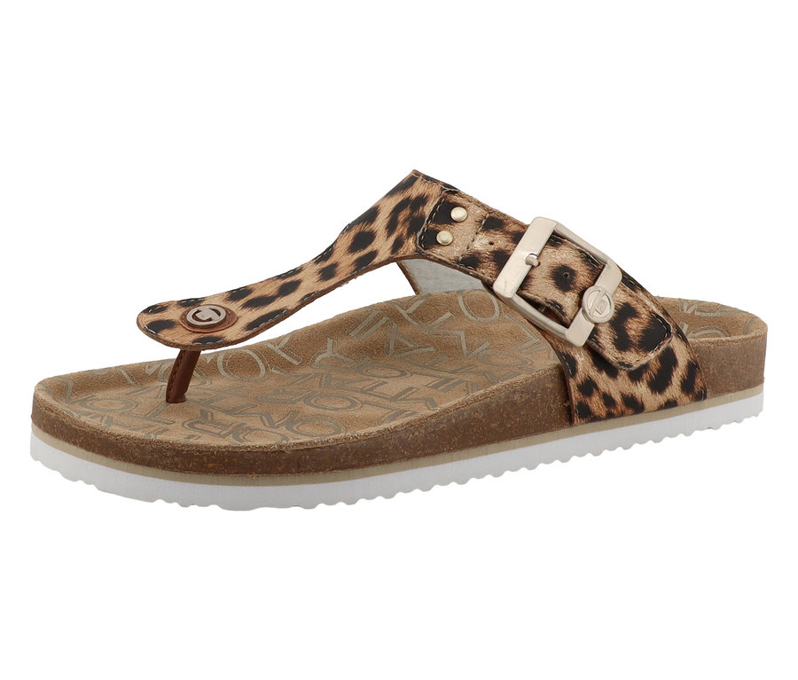 Tom Tailor Zehentrenner im Leo-Look mit goldfarbener Schnalle und weißer Sohle.