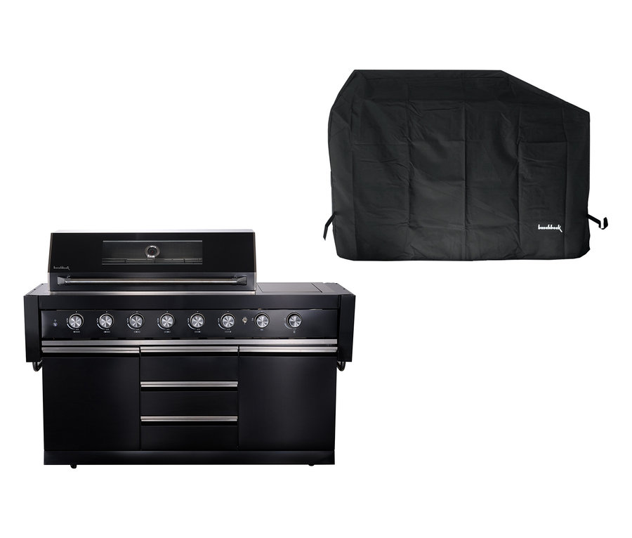 Buschbeck Outdoorküche »Chester« mit Wetterschutzhülle. Die Küche ist schwarz und hat mehrere Knöpfe und Schubladen.