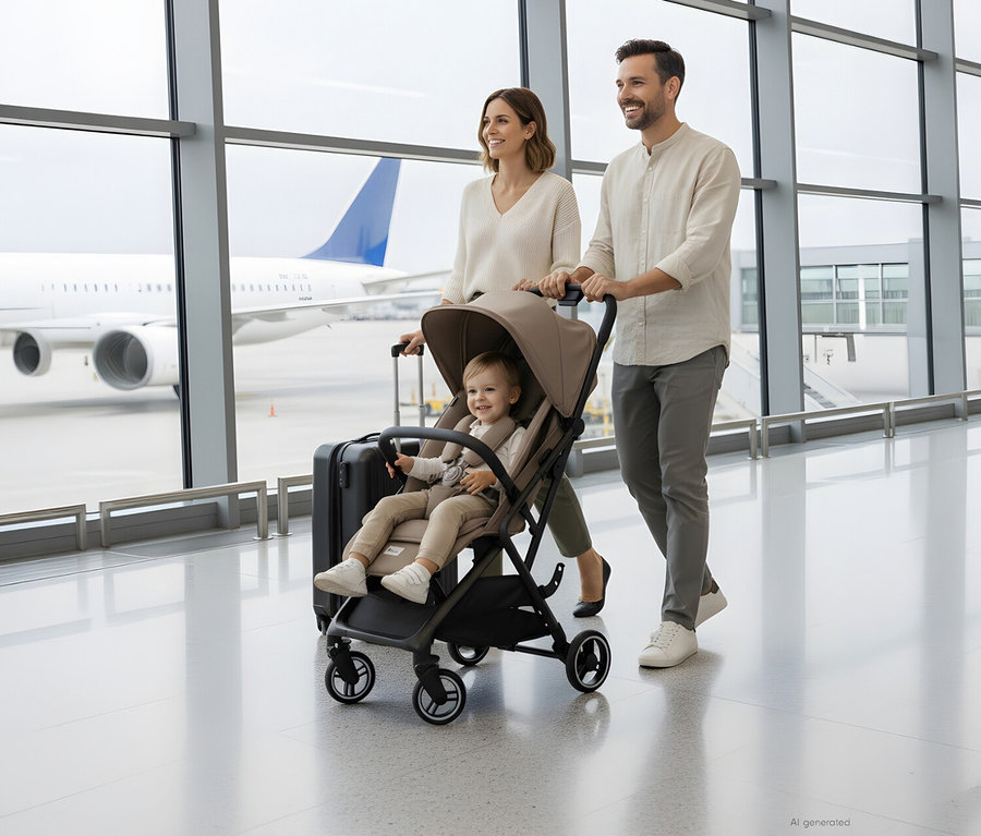 Ein Paar schiebt einen Hauck Kinder-Buggy »Fly N Care« mit einem Kleinkind und einen Rollkoffer durch einen Flughafen, draußen ist ein Flugzeug zu sehen.