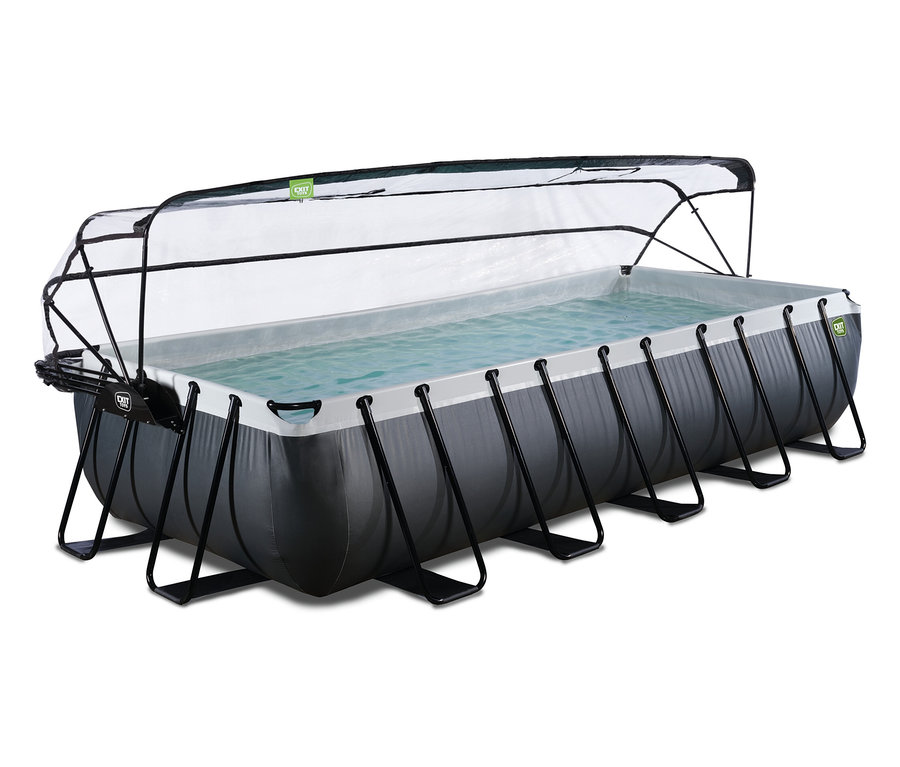 Rechteckiges EXIT Pool-Set in Lederoptik, 540 x 250 cm, dunkelgrau mit hellgrauem Rand, gefüllt mit Wasser und transparenter, aufschiebbarer Abdeckung.