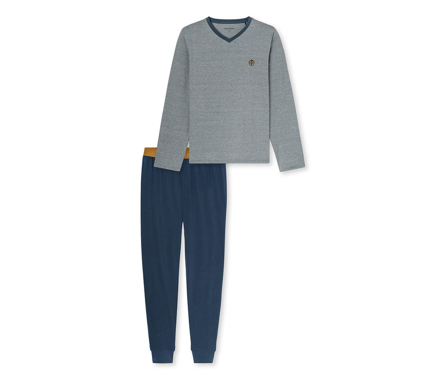 Grauer, langärmeliger Pyjama mit V-Ausschnitt und dunkelblauer Hose mit braunem Bund.