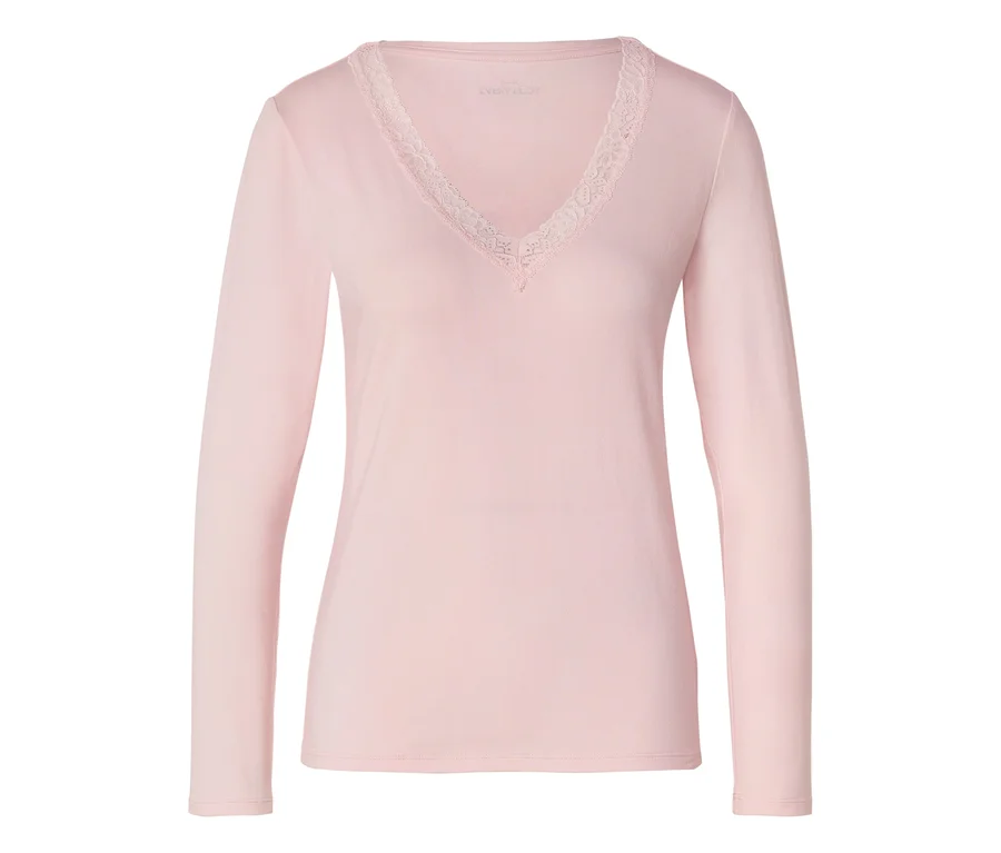 Rosa Langarmshirt mit V-Ausschnitt und weißer Spitze.