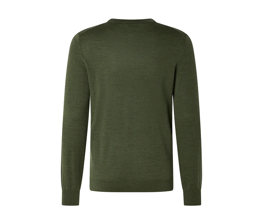 Dunkelgrüner Pullover mit Rundhalsausschnitt, Rückansicht.