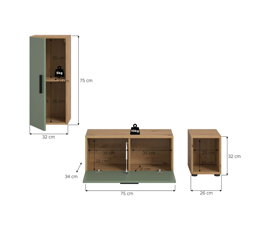 Drei Module der xonox Wohnwand »The One«, grün: ein hoher grün-holzfarbener Schrank (75x32x31 cm, 5kg), ein breites grün-holzfarbenes Lowboard (34x75x31 cm, 10kg) und ein kleines holzfarbenes Würfelregal (32x26x29 cm).