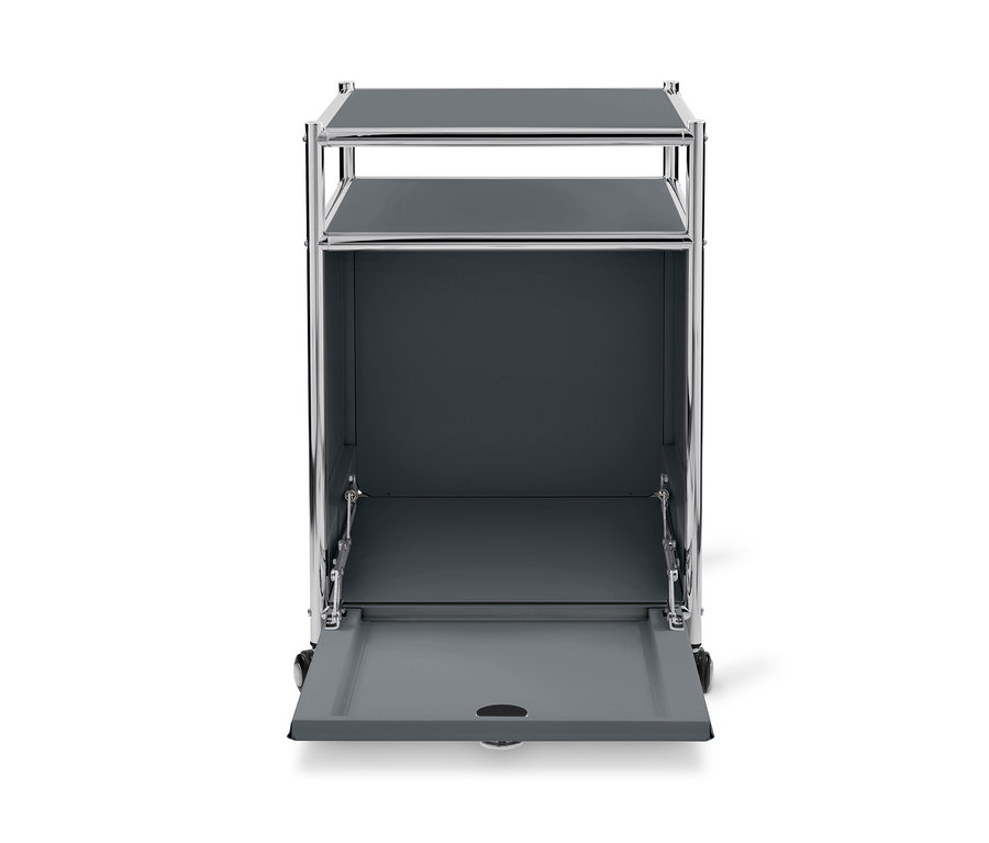 Grauer Rollcontainer Metall »CN3« mit geöffneter Klappe.
