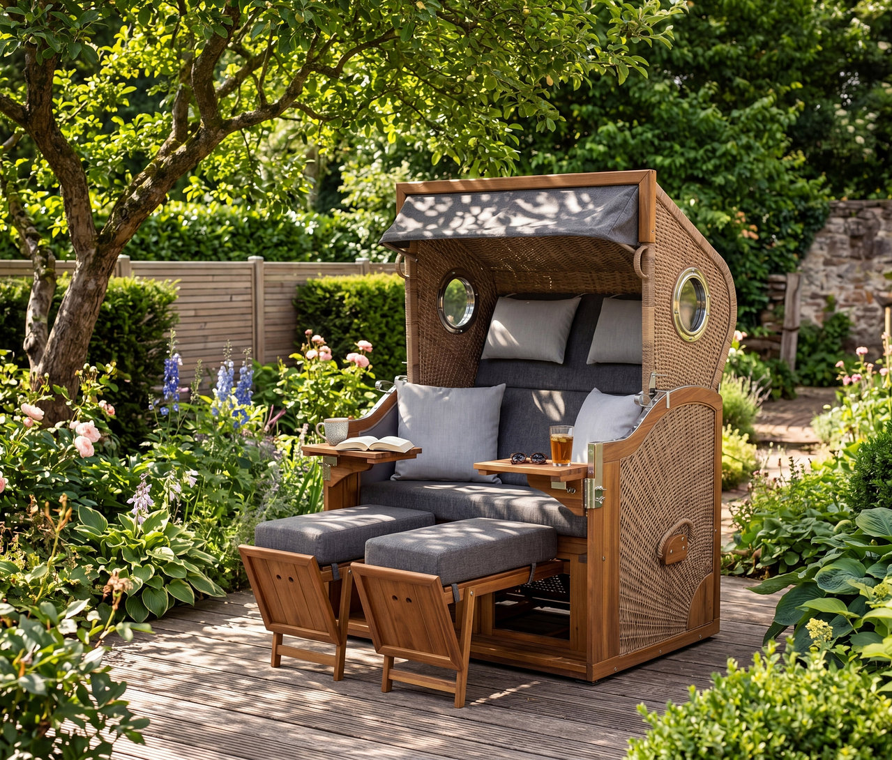 Ein XL deVries Strandkorb aus Akazienholz und Korbgeflecht mit grauen Polstern steht auf einer Holzterrasse in einem Garten. Ausziehbare Fußstützen und Beistelltische mit Buch, Tasse, Getränk und Sonnenbrille.