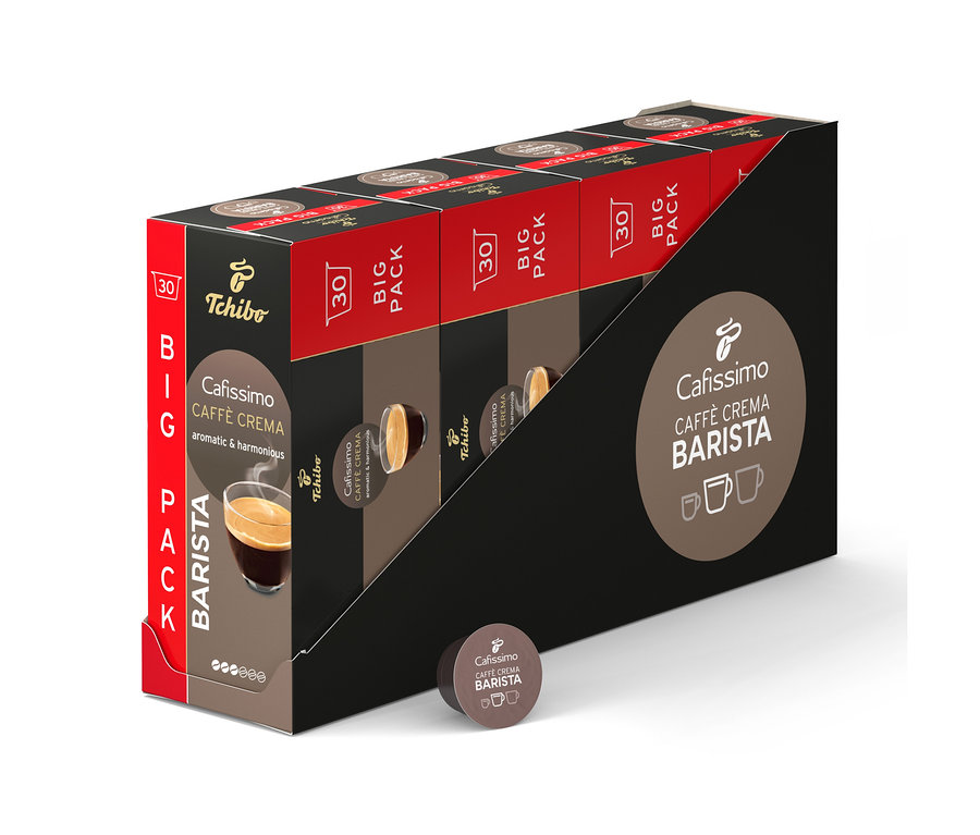 Mehrere Packungen Tchibo Cafissimo Caffe Crema Barista Kaffeekapseln in einer schwarzen Halterung.