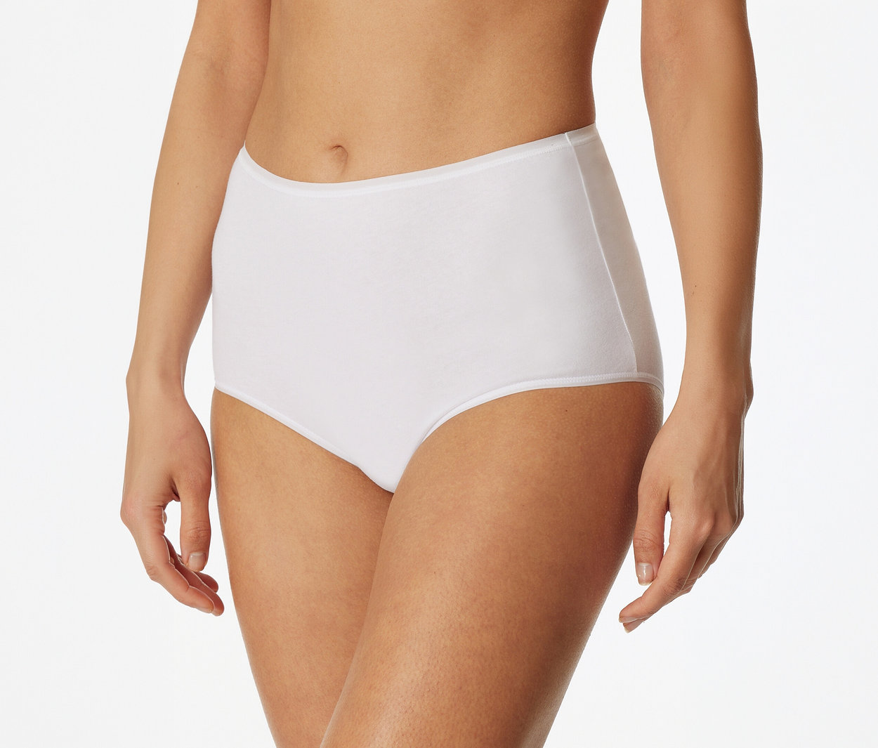 Oberkörper einer Frau in schlichten, weißen High-Waist-Slips.