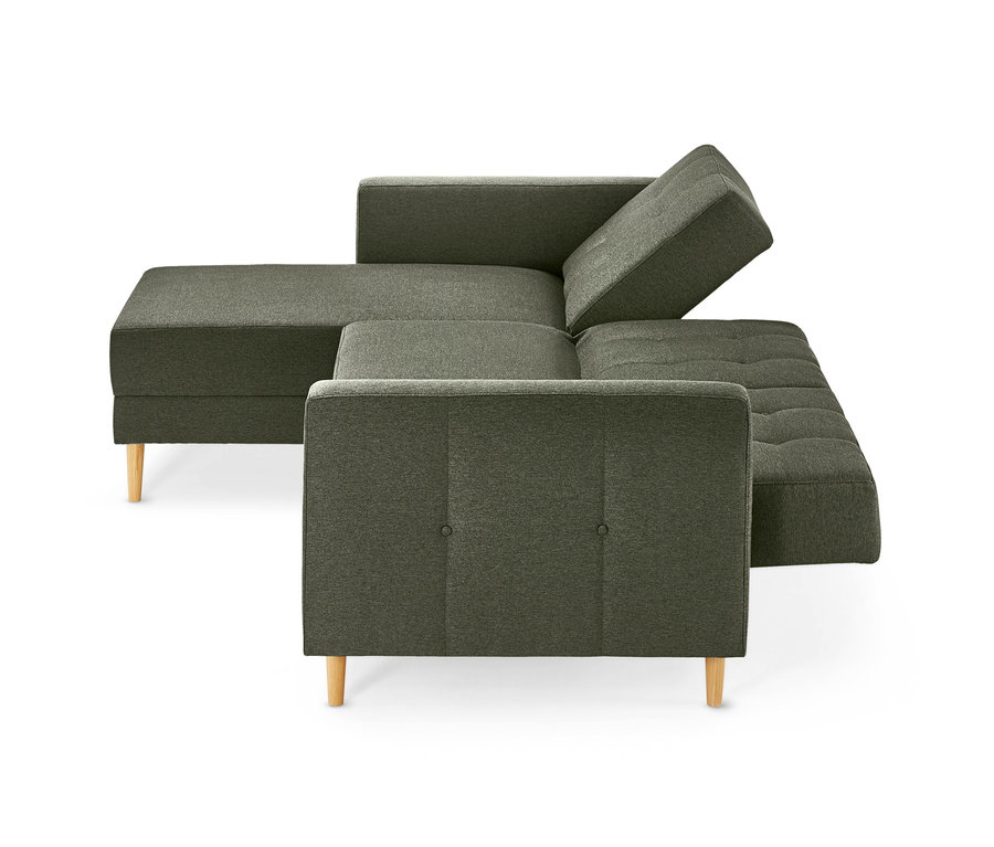 Grünes Federkern-Eckschlafsofa »Just Relax« mit Stauraumbank, dessen Rückenlehne hochgeklappt ist.