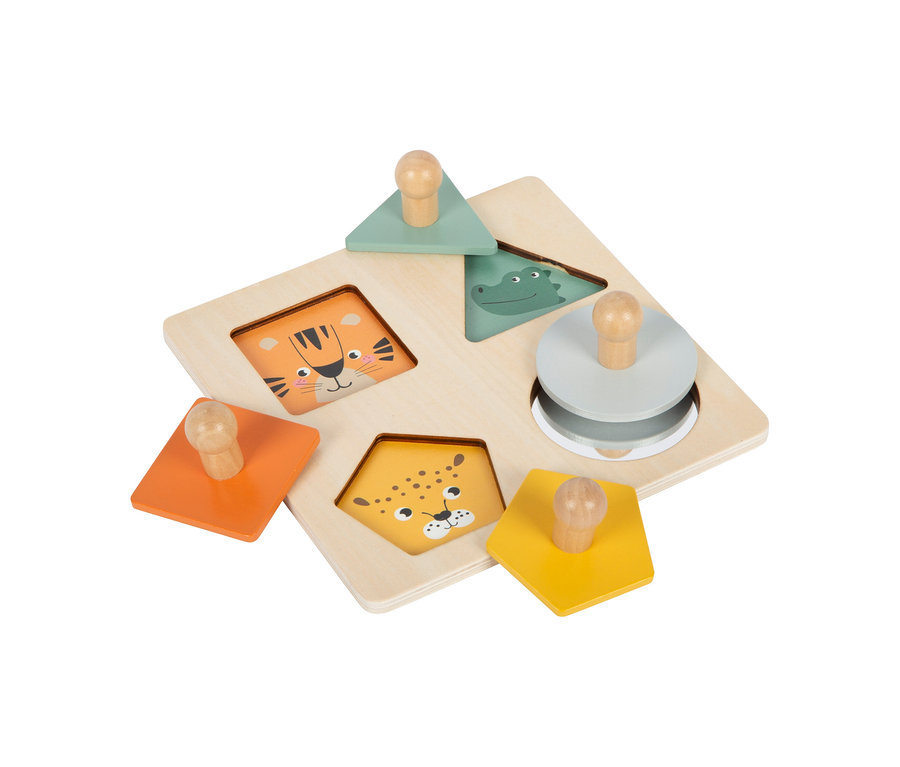 small foot Montessori-Bundle 3: Holz-Steckpuzzle mit fünf bunten Tierformen, darunter Tiger-Quadrat, Krokodil-Dreieck und Leopard-Sechseck.