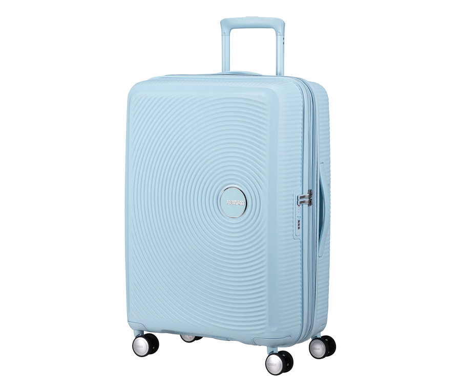 American Tourister Hartschalen-Koffer »Soundbox« Spinner in Pastellblau, mittel, mit ausziehbarem Griff und vier Rollen.
