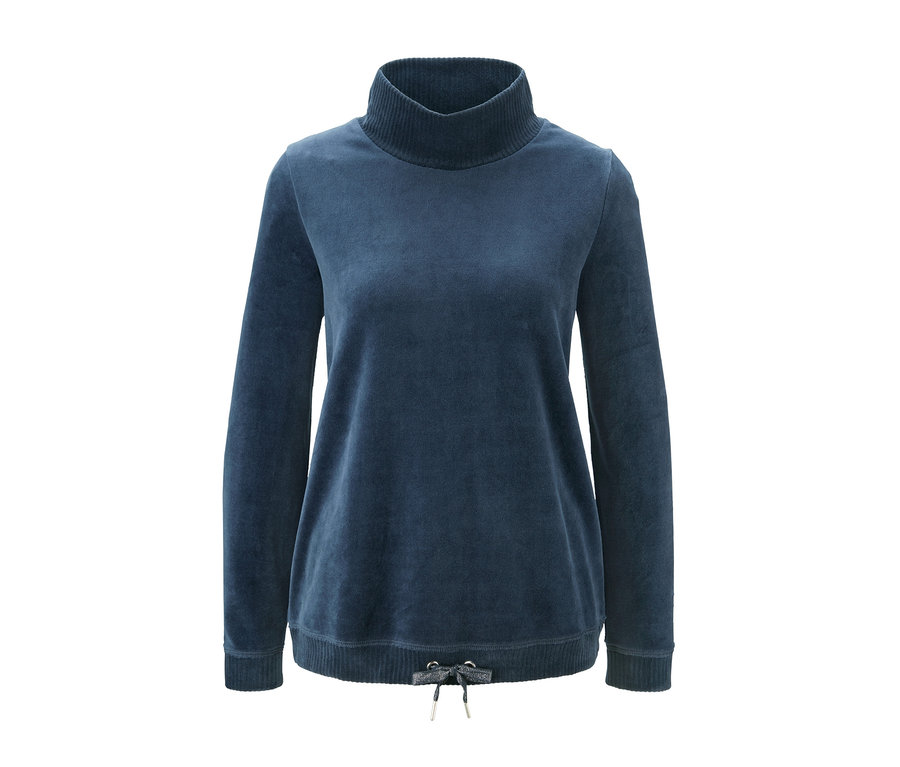 Blauer Nicki-Hausanzug mit Rollkragen und Kordelzug.
