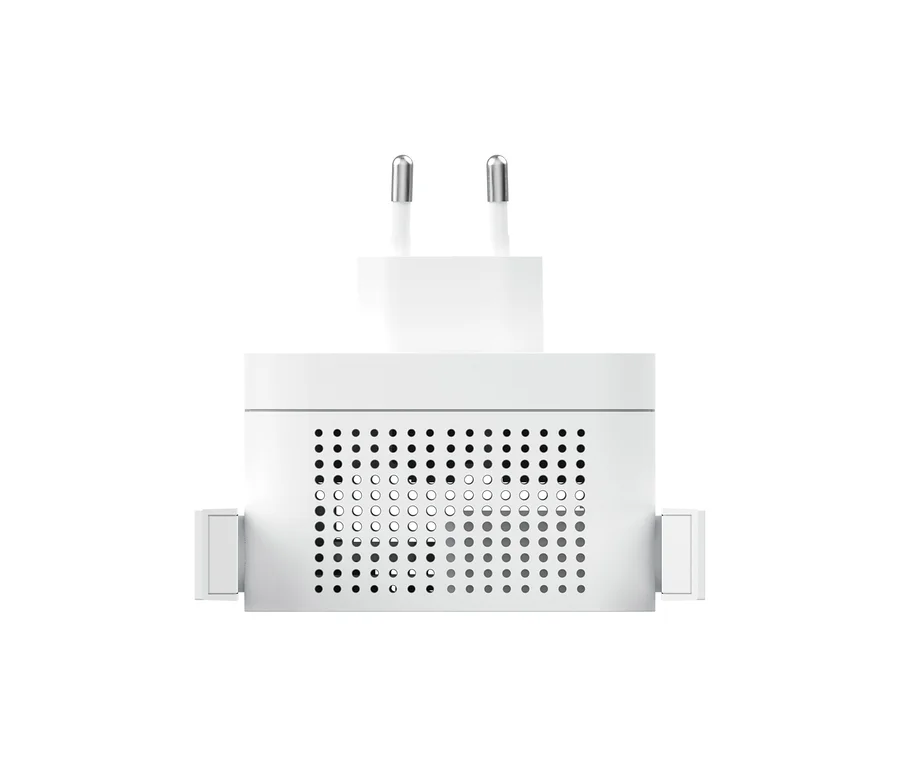 Weißer Strong WiFi 6 Repeater »AX 3000« mit zwei Steckdosenstiften und perforierter Vorderseite.