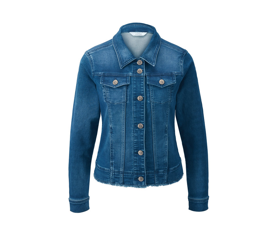Eine blaue Jeansjacke in Denimoptik mit Knöpfen und Brusttaschen.