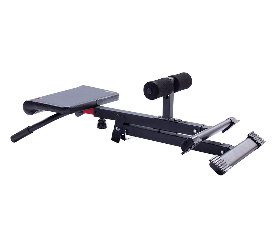 Ein schwarz-graues Bauch- und Rückentrainingsgerät mit Sitz und Schaumstoffrollen.