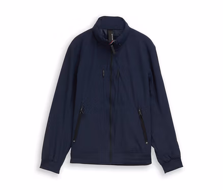 Marineblaue Jacke mit Reißverschluss und mehreren Taschen.