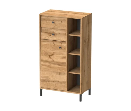 Highboard »Cottage« aus Eiche, 60 cm breit, mit zwei Schubladen, einer Tür und vier offenen Fächern, auf dunklen Beinen.