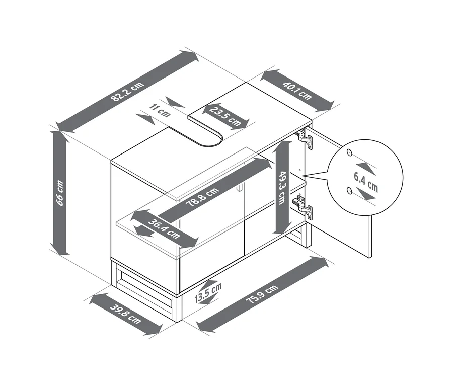 Waschbeckenunterschrank mit 2 Türen, 82,2 cm breit, 66 cm hoch, 40,1 cm tief. Er hat einen Ausschnitt für das Waschbecken (23,5 cm breit, 11 cm tief), 49,3 cm hohe Türen und eine 13,5 cm hohe Basis.