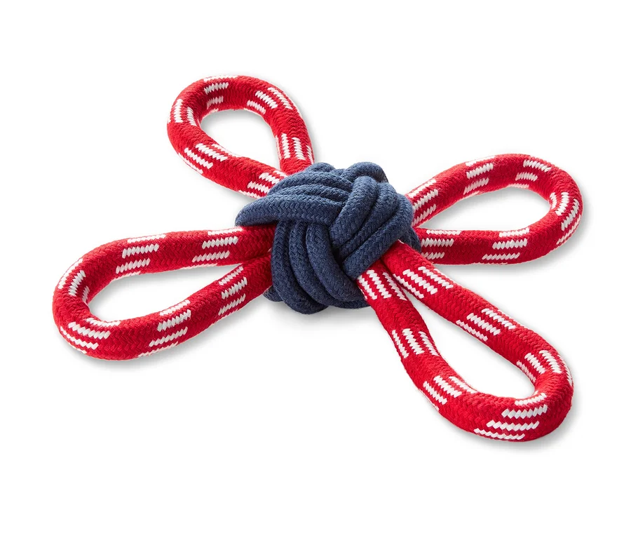 Hunde-Spielzeug aus Seil, rot-weiß mit blauem Knoten in der Mitte.