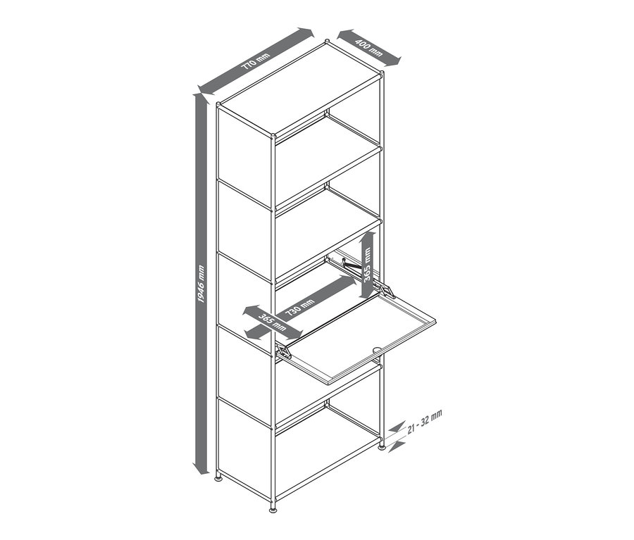 Ansicht eines hohen Metallregals mit Klappenfach und Abmessungen.