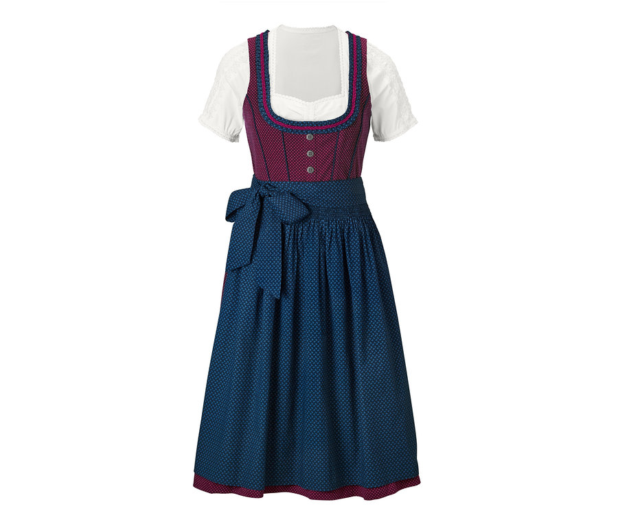 Ein Stretch-Dirndl in Weinrot mit blauer Schürze.
