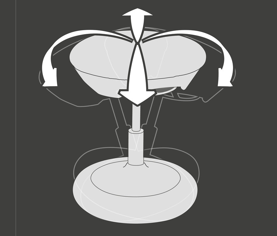 Abbildung eines grauen Topstar-Rollhockers »BONANZA« mit weißen Pfeilen, die Bewegungen darstellen.