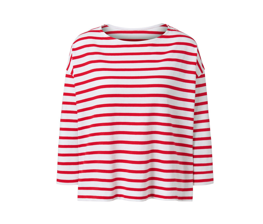 Gestreiftes Shirt mit roten und weißen Streifen.