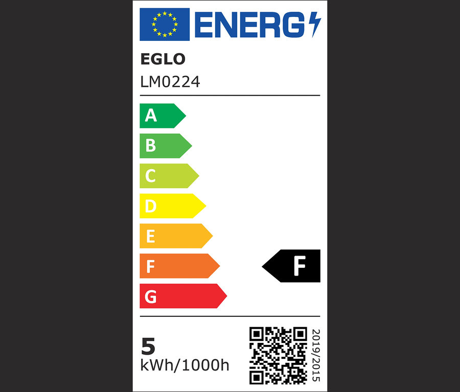 EGLO LM0224 Energieetikett mit Energieeffizienzklassen von A bis G, wobei F die aktuelle Klasse ist.
