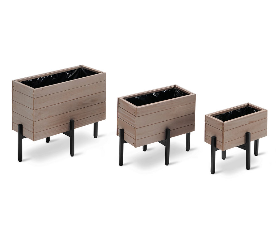 Drei braune Holz-Blumenkästen »JONTE« mit schwarzem Einsatz und Metallbeinen.