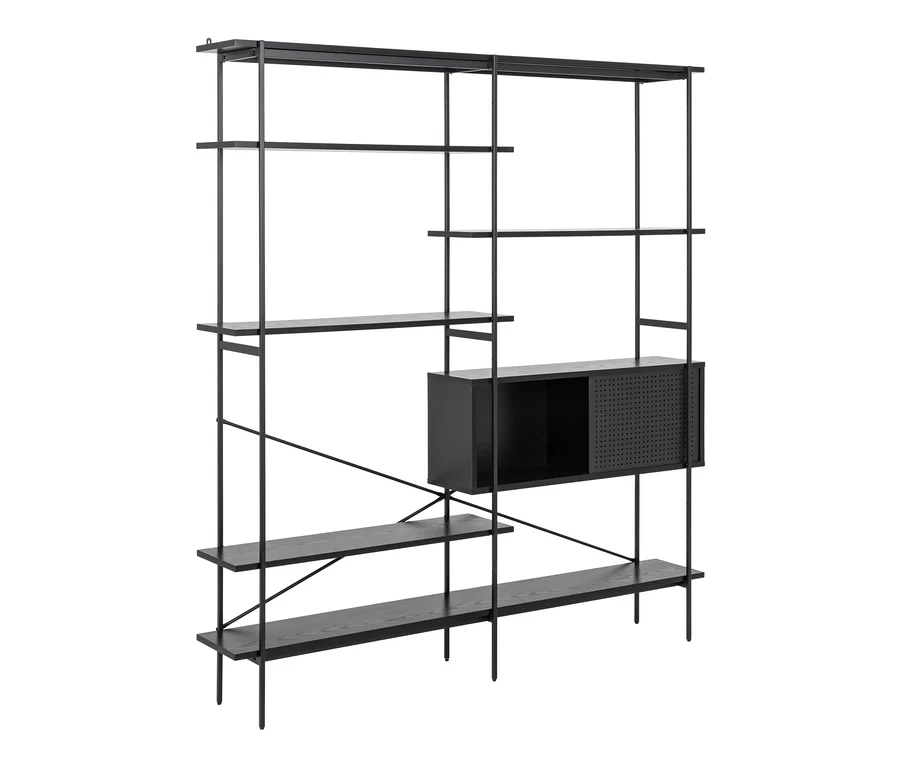 Schwarzes offenes Regal mit Schrank.