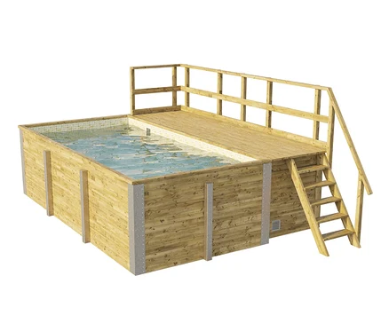 Rechteckiger WEKA Gartenpool mit Holzverkleidung, gefüllt mit Wasser, daneben ein Sonnendeck mit Geländer und Treppe.