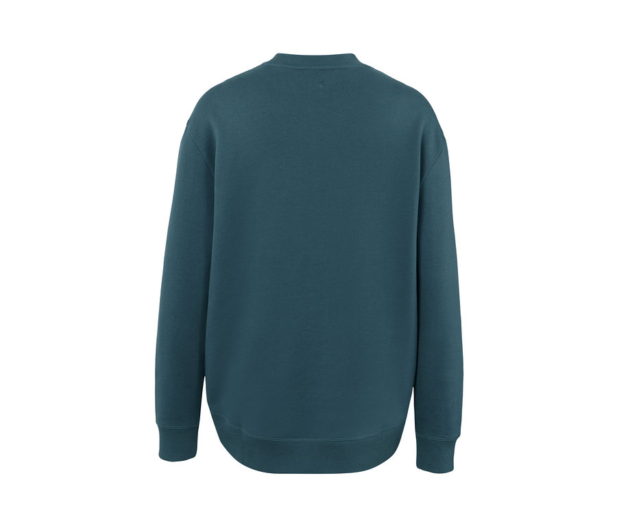 Rückansicht eines oversized Yogasweatshirts, dunkelsmaragdgrün.