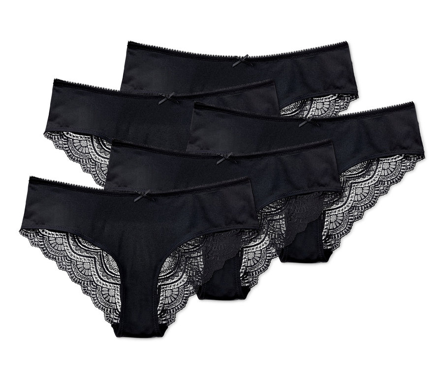 Fünf schwarze Brazilslips mit Spitze.