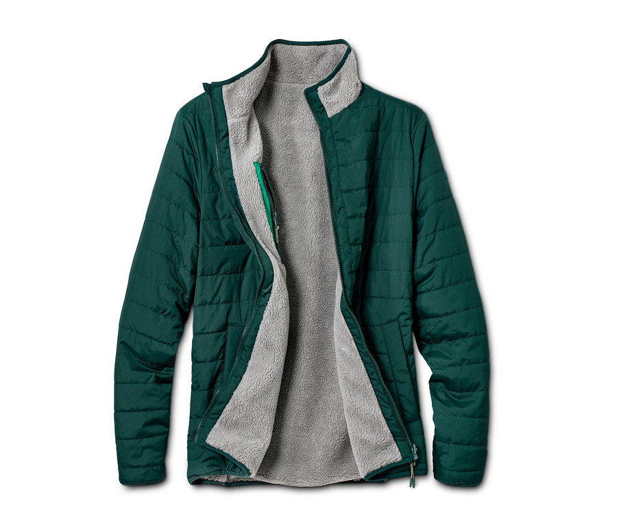 Grüne Wendejacke mit Innenseite aus grauem Plüsch.