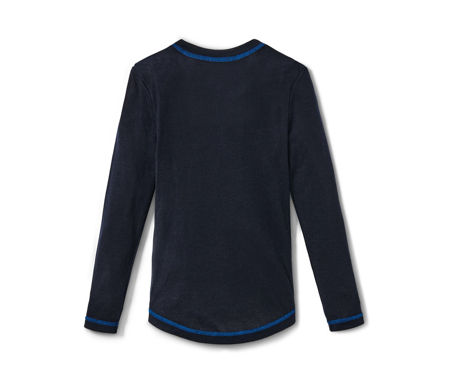 Marineblaue Kinder-Funktionsunterwäsche mit langen Ärmeln und blauen Ziernähten.