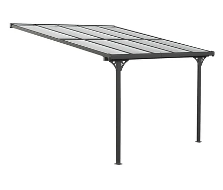 Eine anthrazitfarbene Terrassenüberdachung mit einer Breite von ca. 313 cm.
