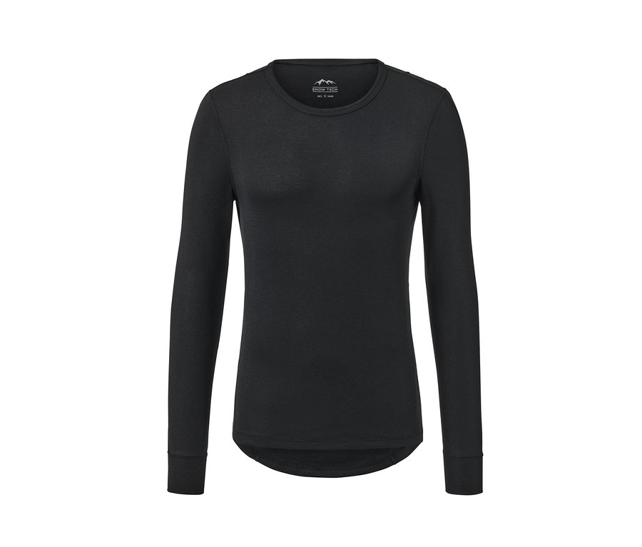 Schwarze Thermo-Funktionsunterwäsche mit langen Ärmeln auf weißem Hintergrund.