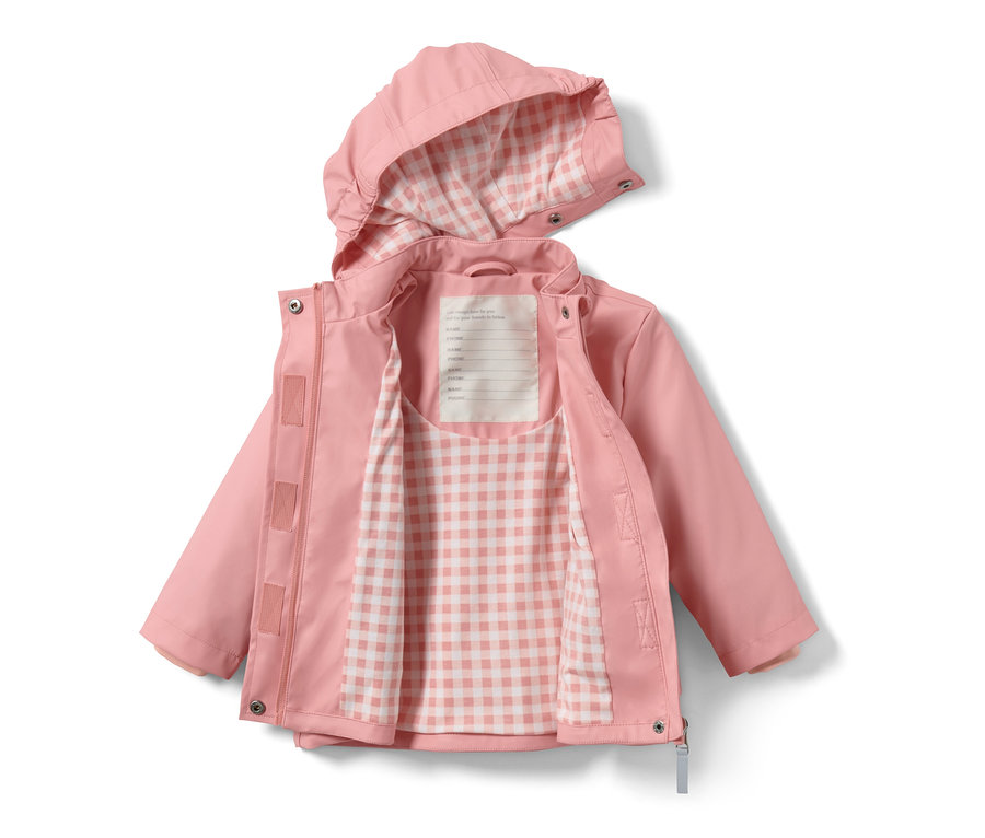 Geöffnete, rosa Kleinkind-Jacke »Friesennerz« mit Kapuze und kariertem Futter.