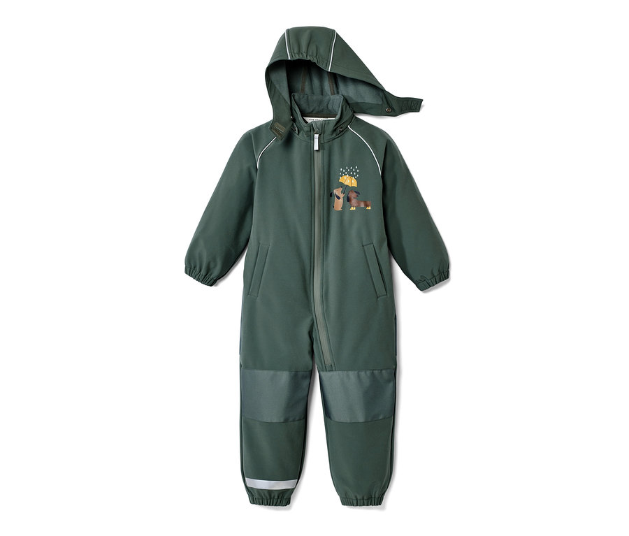 Grüner Kinder-Softshell-Einteiler mit Kapuze und Hunde-Regenschirm-Motiv.