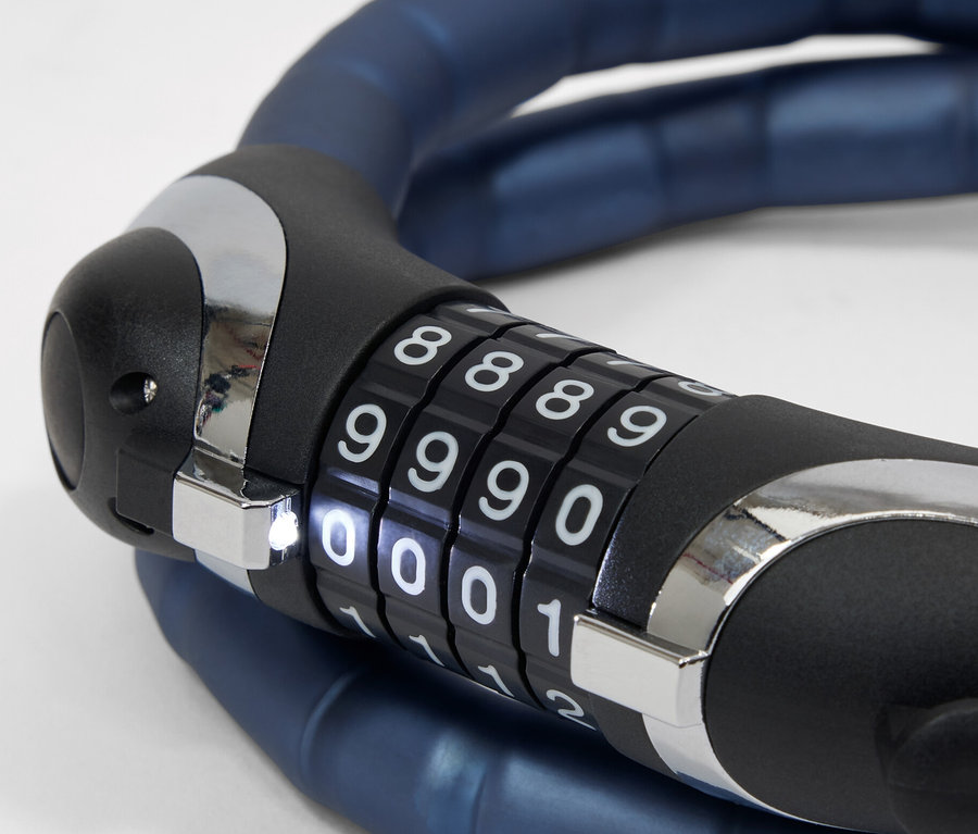Blaues LED-Panzerkabelschloss mit der Kombination „0000“.