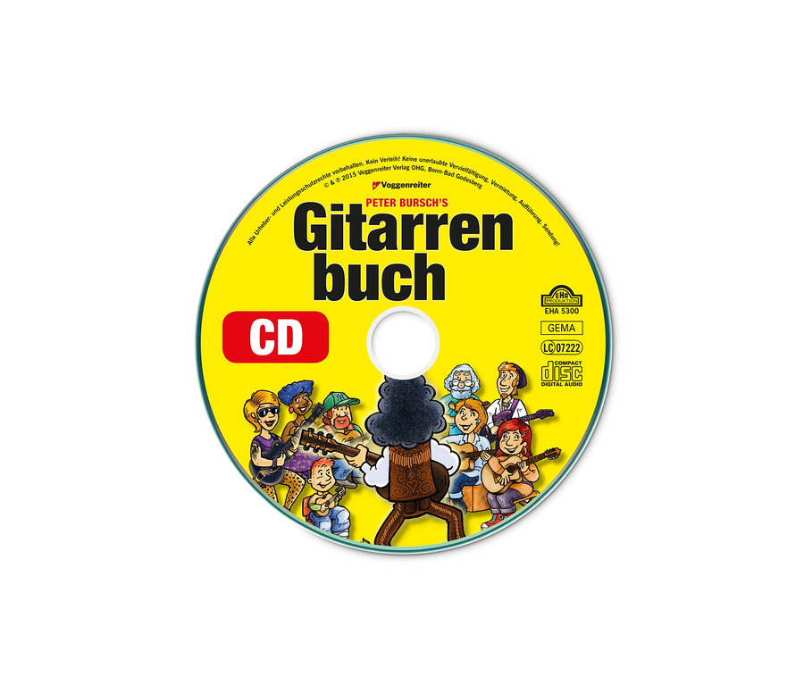 Gelbe CD mit Cartoonfiguren, die Gitarre spielen. Voggenreiter VOLT Akustik Gitarren-Set 4/4.
