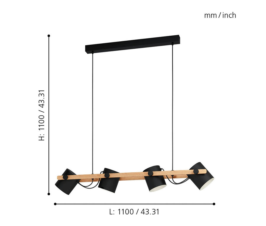 Schwarze Eglo 4er-Pendelleuchte »Hornwood« mit Holzelement.